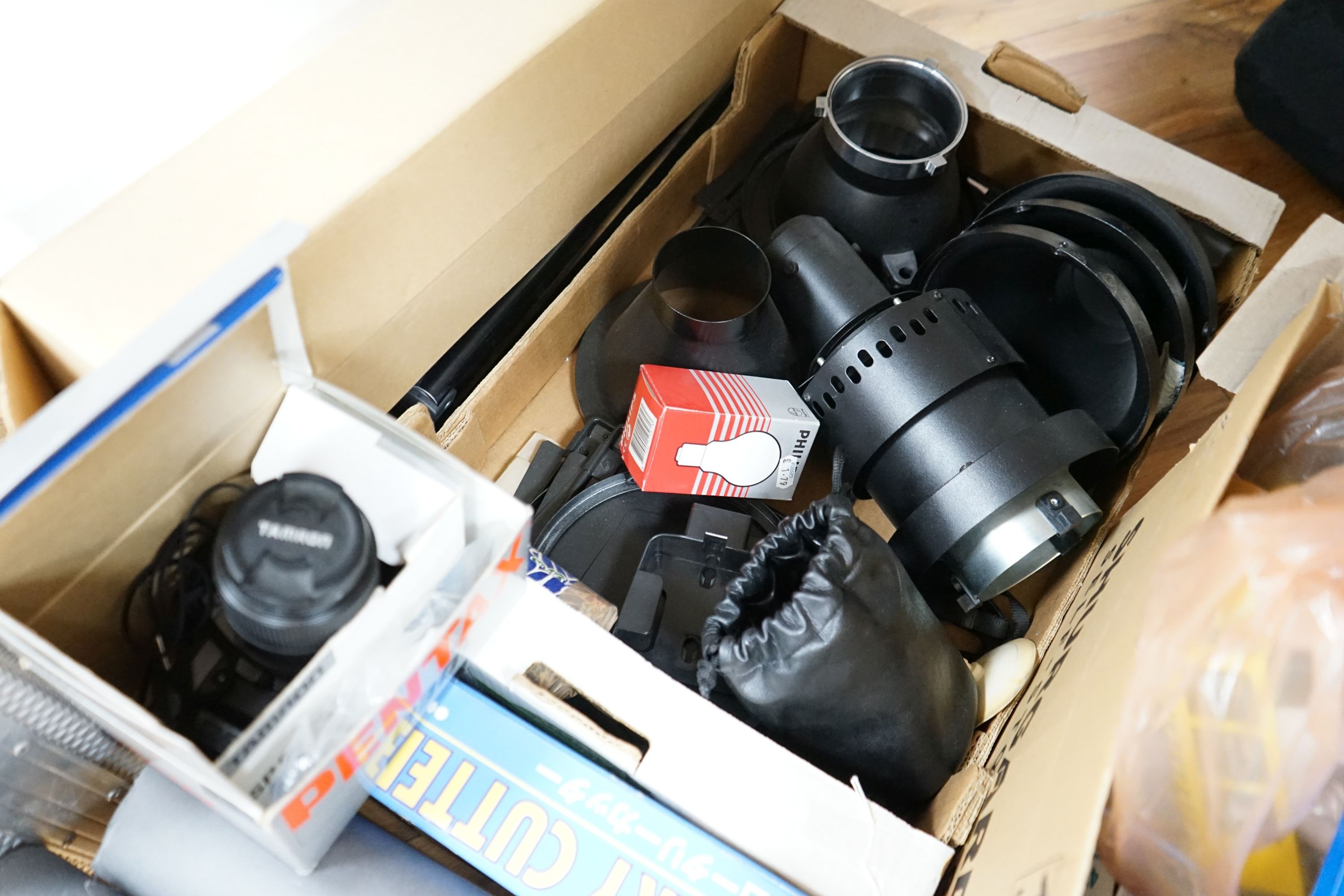 Professional photography equipment including a Pentax P30T SLR camera with Tamron 90mm f/2.5 lens, a pair of Bowens Esprit 1000 lights and a pair of Esprit 500 lights, a pair of Esprit 2 500 lights, various soft boxes, v